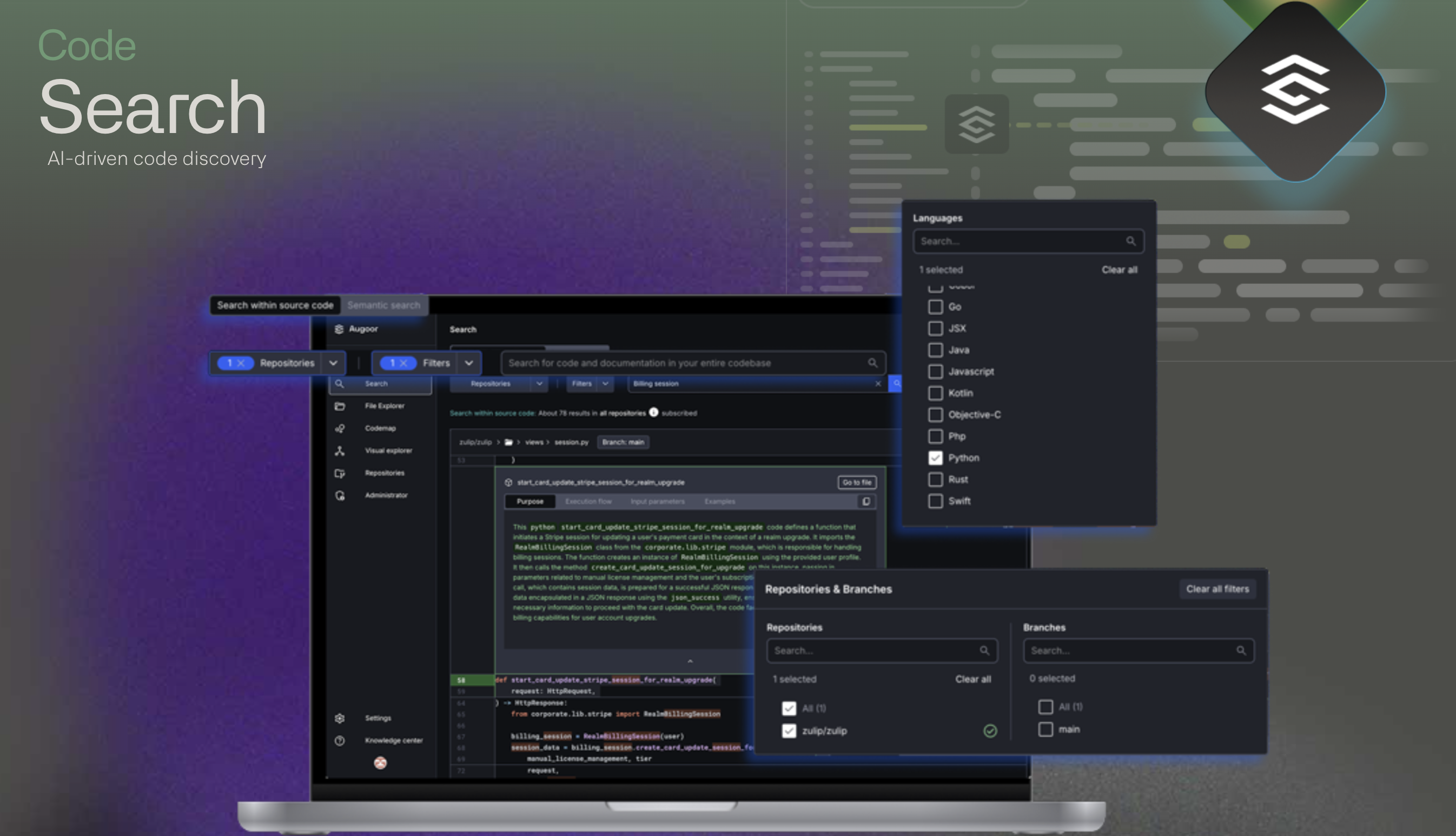 Augoor AI-driven code search interface with semantic search capabilities and language filtering