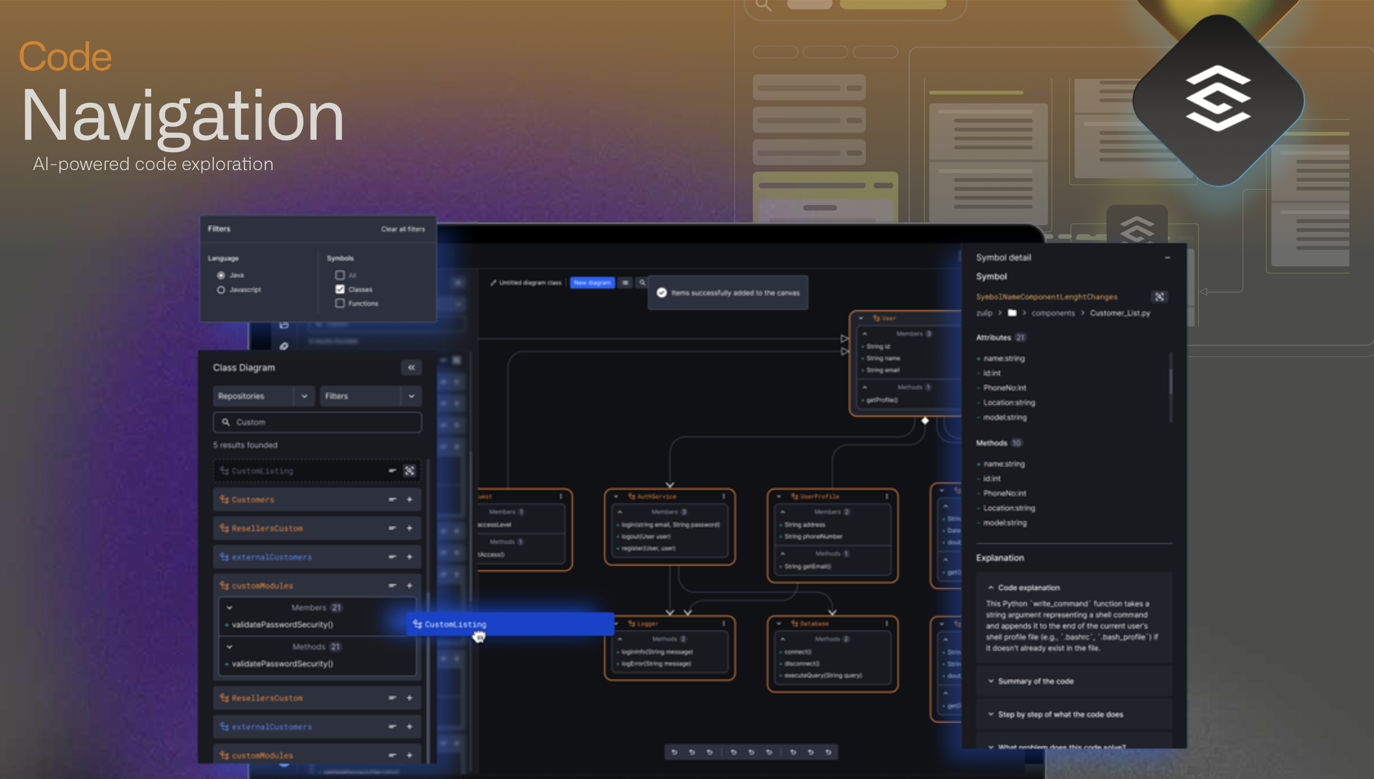 Augoor code navigation feature showing interactive class diagrams and relationship mapping
