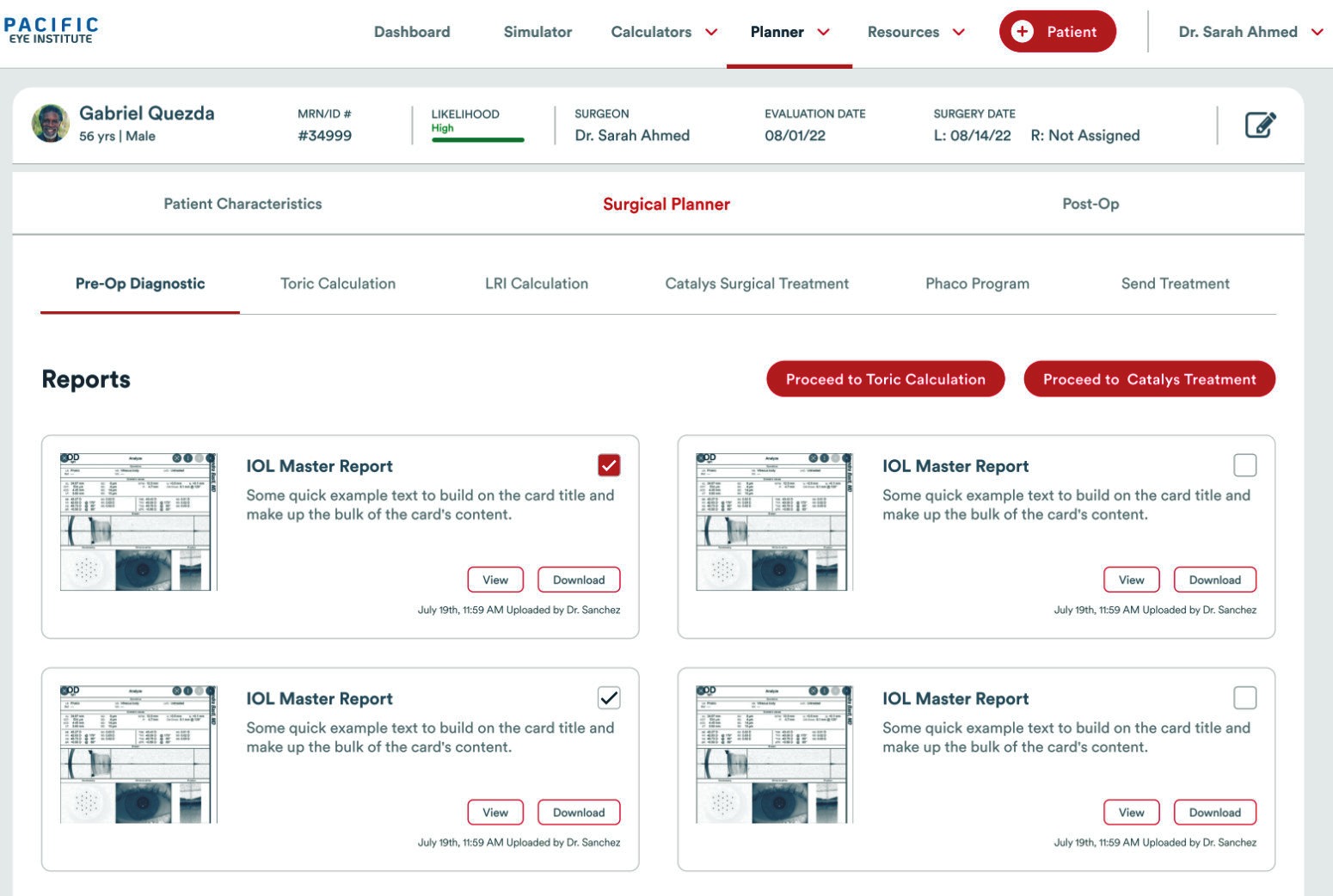 CHiME Care surgical planning dashboard showing patient data and IOL master reports