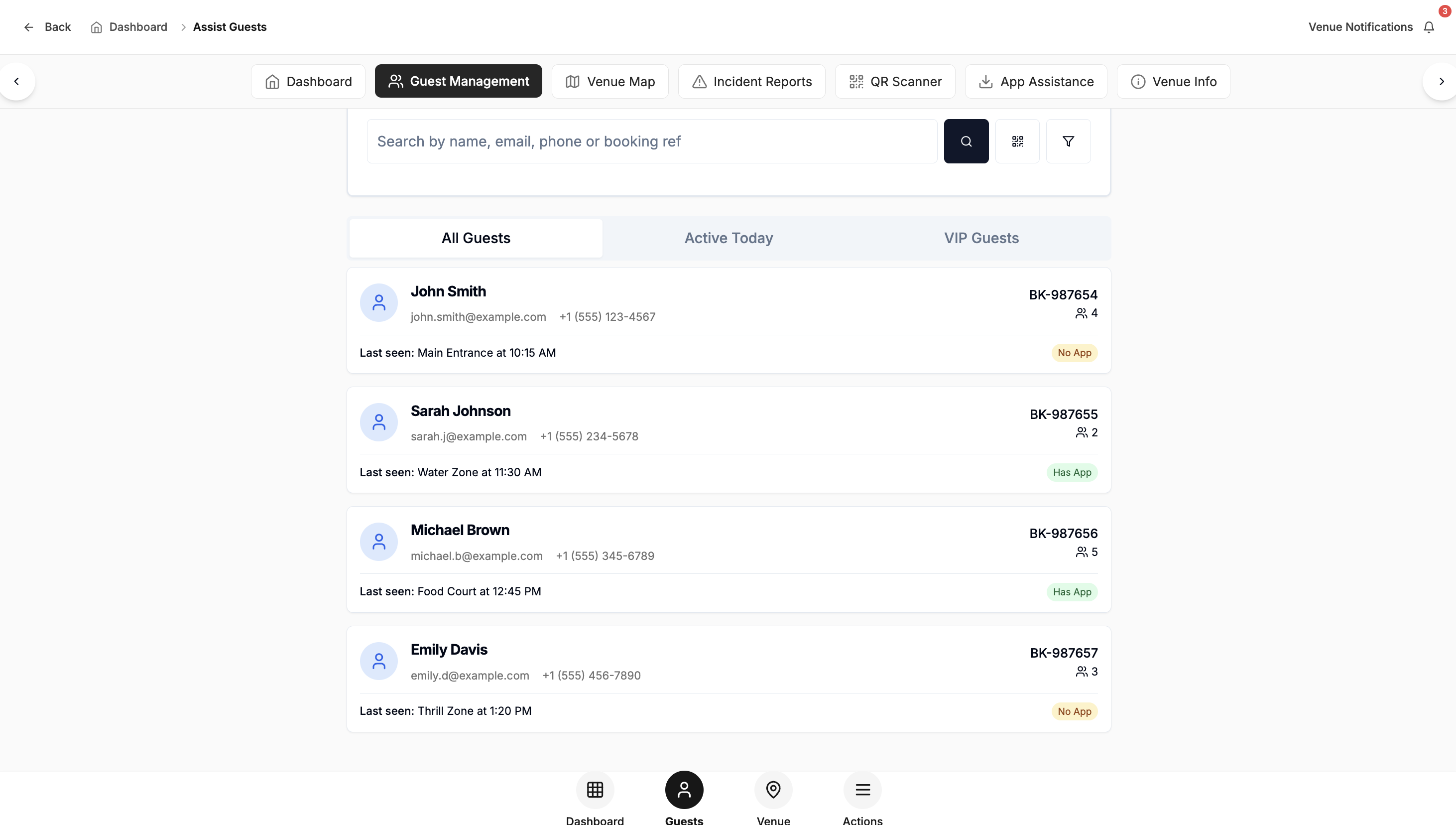 Guest Management interface displaying real-time guest tracking, contact information, and venue location data for operational staff