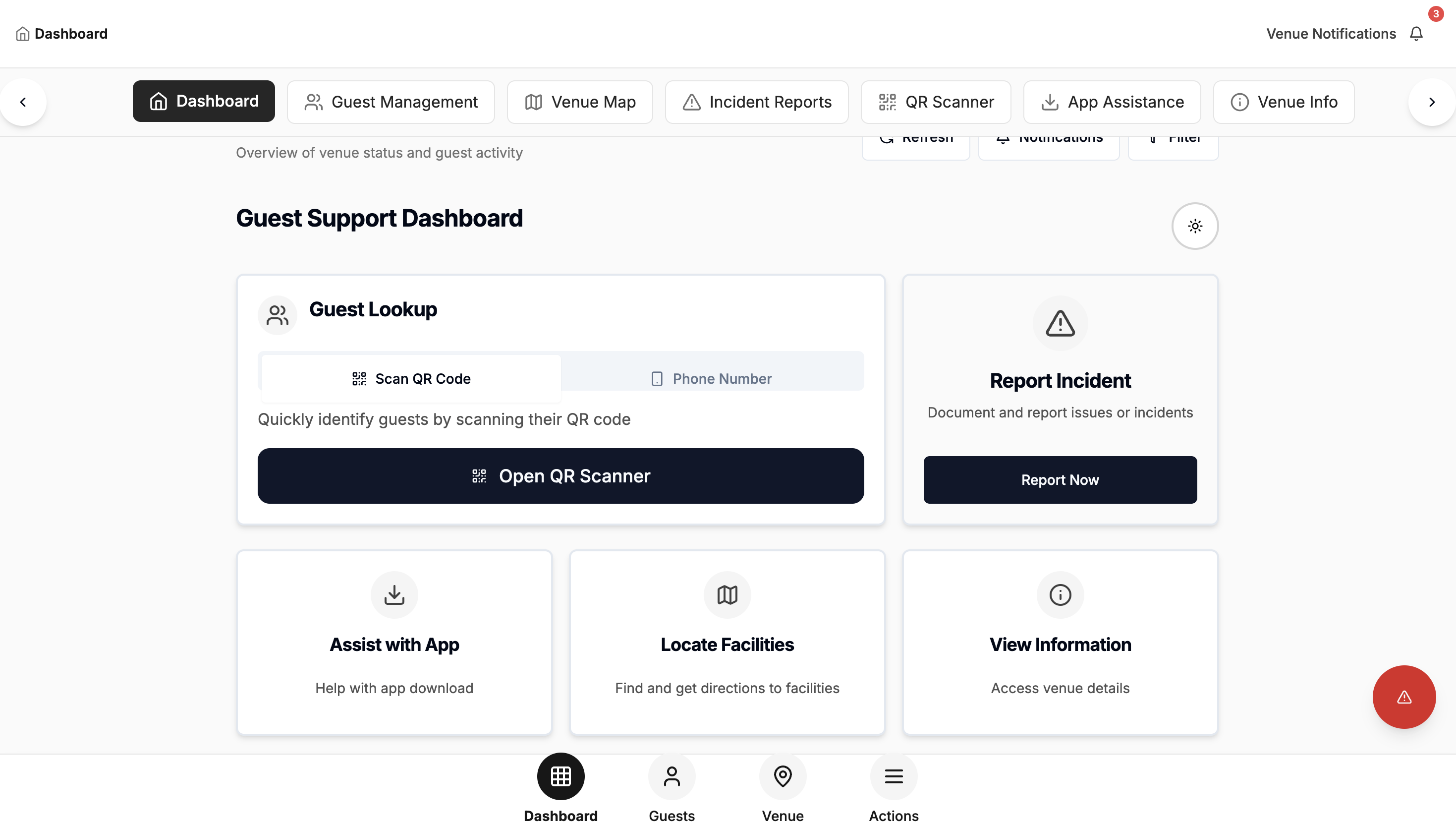 Guest Support Dashboard showing unified digital infrastructure with QR scanning, incident reporting, and facility assistance features