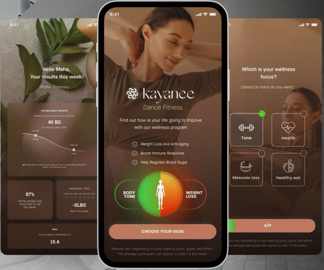 Kayanee mobile app interface showing personalized fitness and wellness tracking