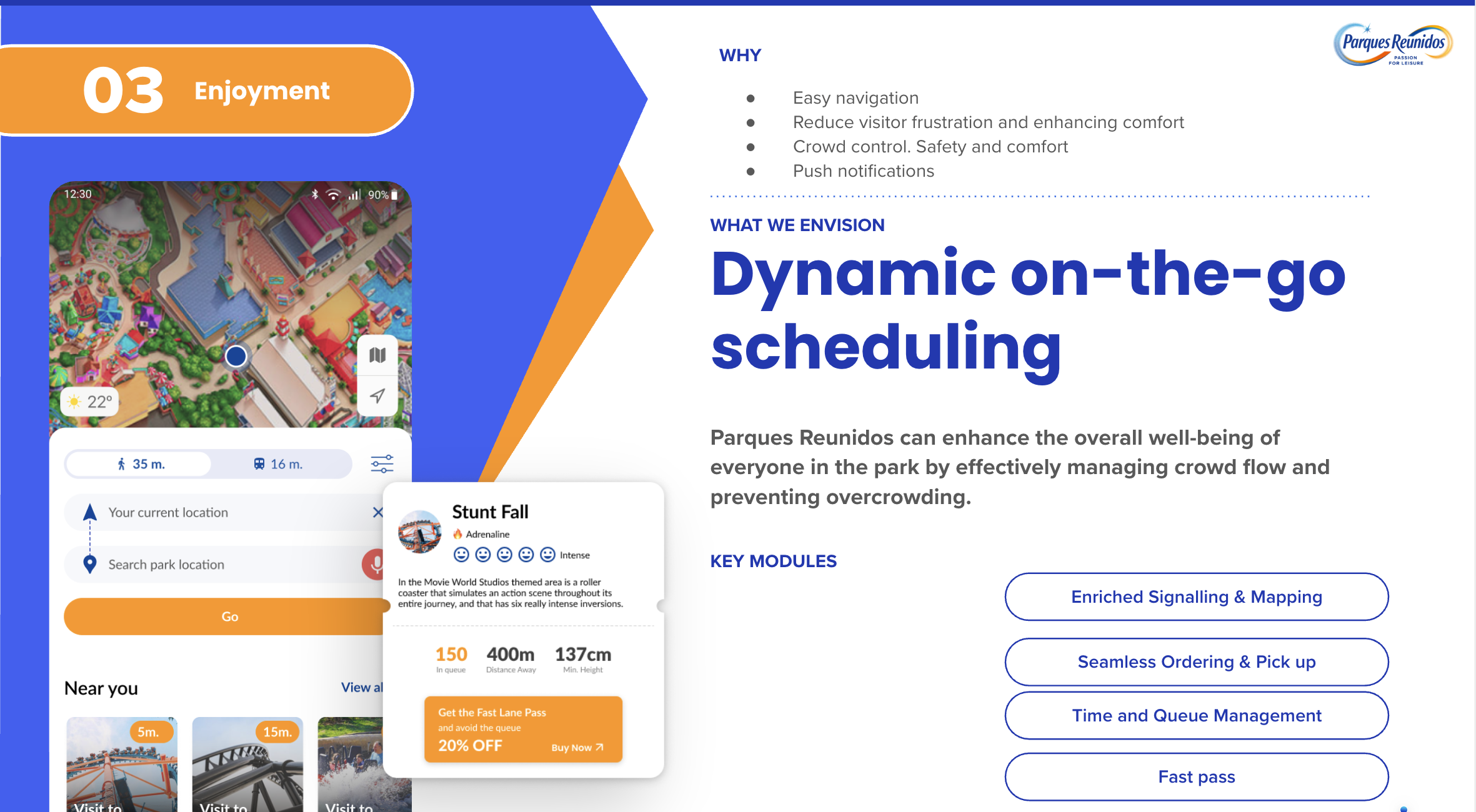 Dynamic on-the-go scheduling with park navigation and crowd management features